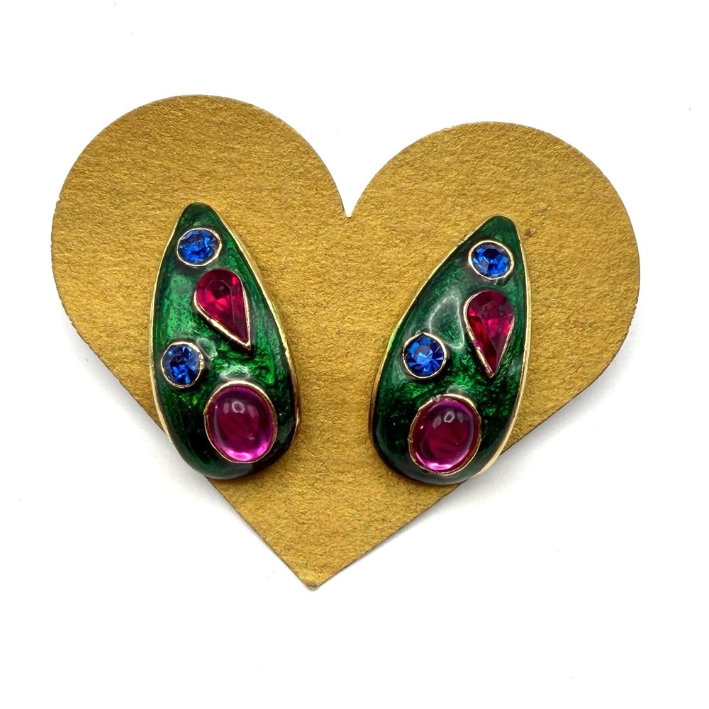 Vintage Green Enamel Rhinestone Teardrop Stud Earrings Gold Tone Statement Retro